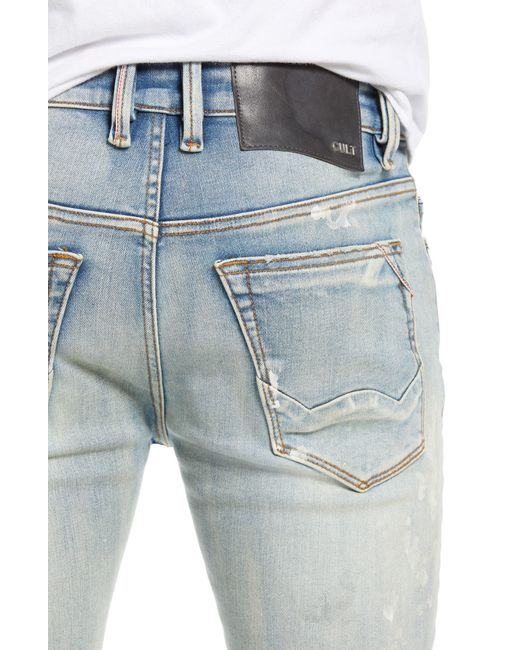 Cult Of Individuality Blue Punk Destroyed Paint Splatter Super Skinny Jeans for men