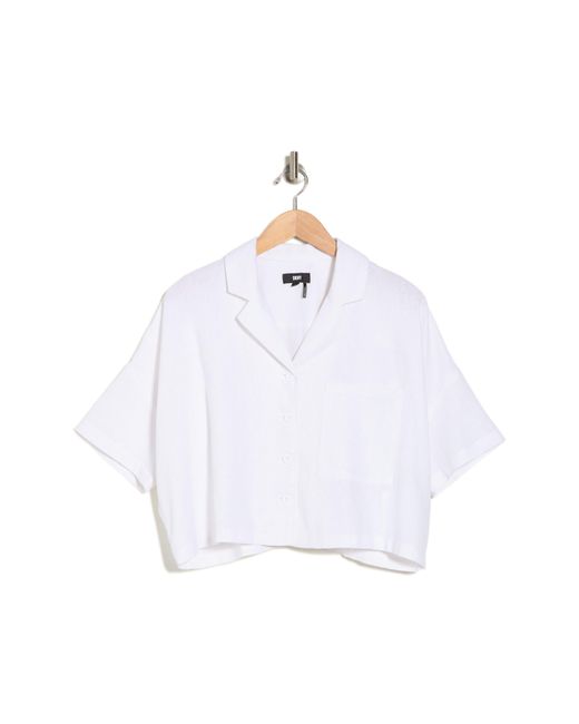DKNY White Linen Blend Crop Button-up Camp Shirt