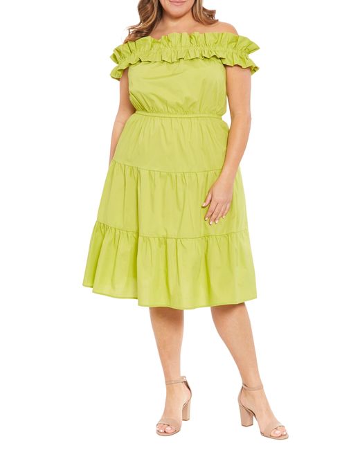 London Times Yellow Ruffle Off The Shoulder Tier Dress