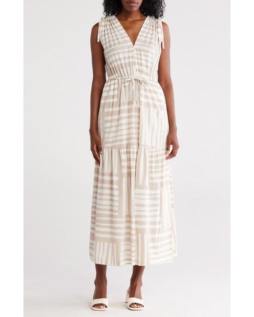 Calvin Klein White Stripe V-Neck Drawstring Maxi Dress