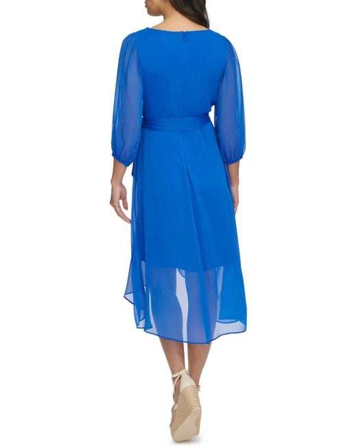 DKNY Blue Balloon Sleeve Faux Wrap Dress