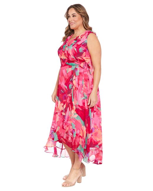 London Times Pink Floral Ruffle Sleeveless Faux Wrap Maxi Dress