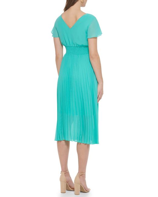 Kensie Green Pleated Chiffon Midi Dress