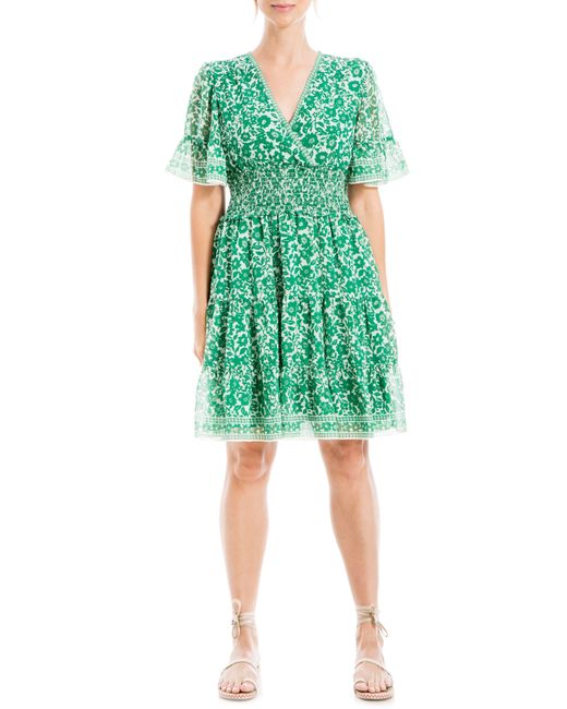 Max Studio Green Georgette Ditsy Floral Print Tiered Dress