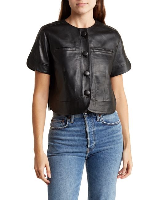 Seven7 Leather Button-up Crop Top in Black