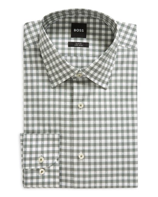 Boss Gray Hank Kent Check Stretch Cotton Dress Shirt for men