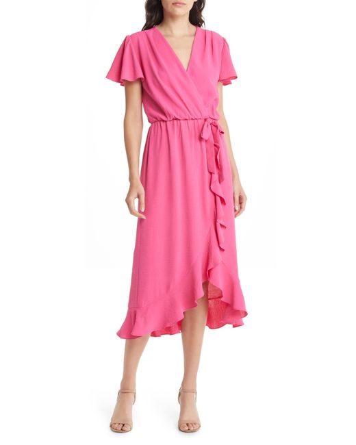 Fraiche By J Pink Ruffle Faux Wrap Dress