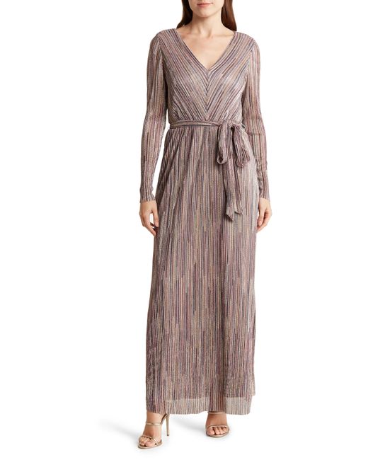 Anne Klein Brown Metallic Long Sleeve Pleated Maxi Dress