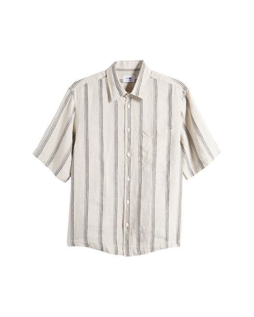 NN07 White Hans 5220 Stripe Short Sleeve Linen Button-up Shirt for men
