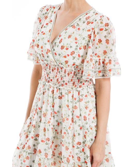 Max Studio Natural Georgette Ditsy Floral Print Tiered Dress