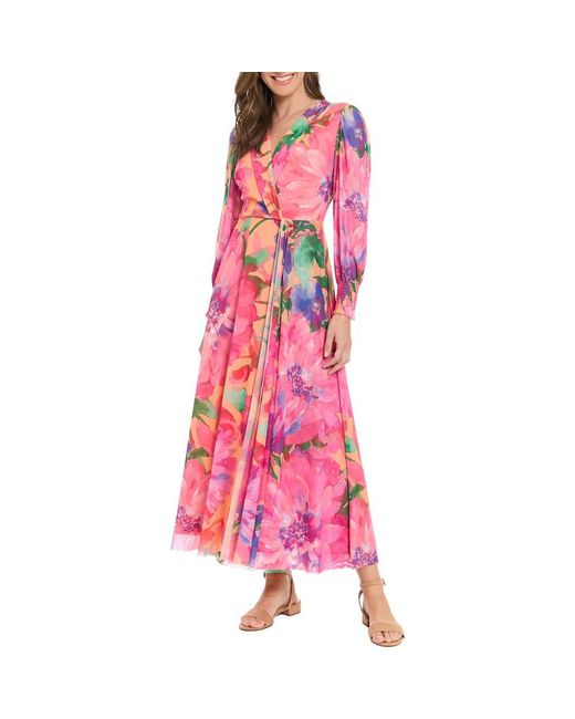 London Times Floral Long Sleeve Mesh Faux Wrap Maxi Dress in Pink | Lyst