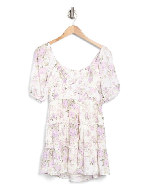 ROW A White Floral Puff Sleeve Tiered Minidress