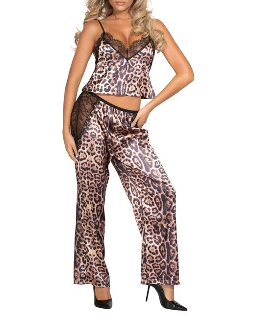 Seven 'til Midnight Multicolor Leopard Print Satin Camisole & Pants Pajamas