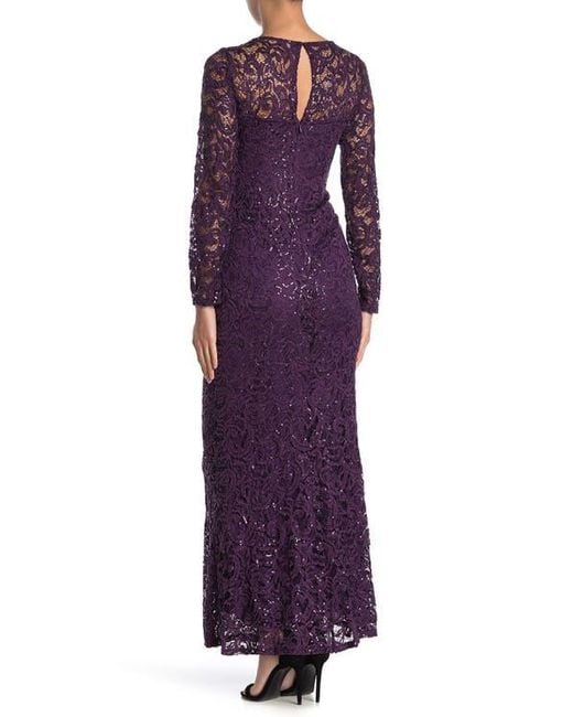 Marina Purple Sequin Lace Long Sleeve Gown