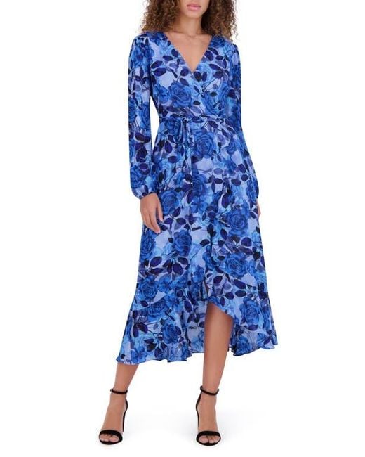 Kensie Blue Floral Burnout Long Sleeve Midi Dress
