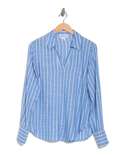 FOR THE REPUBLIC Blue Stripe Notched Collar Shirt