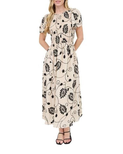 august sky women's smocked midi dress Smocked Puff Sleeve Midi Dress