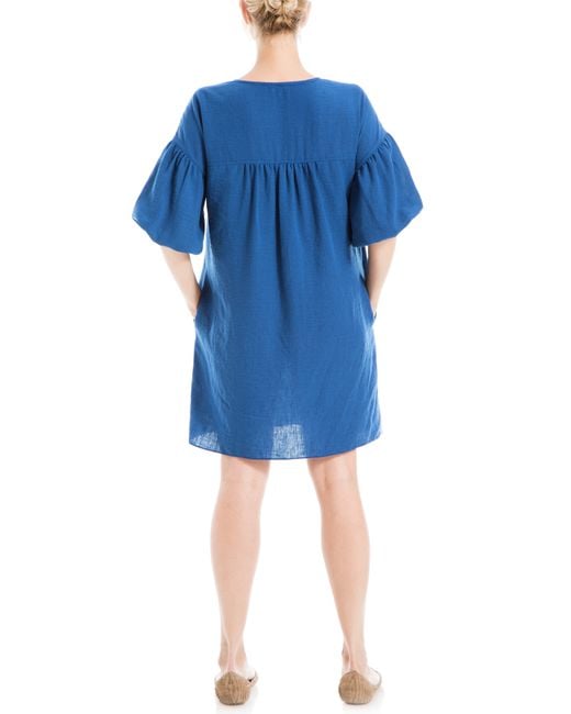 Max Studio Blue Bubble Sleeve Pocket Shift Dress