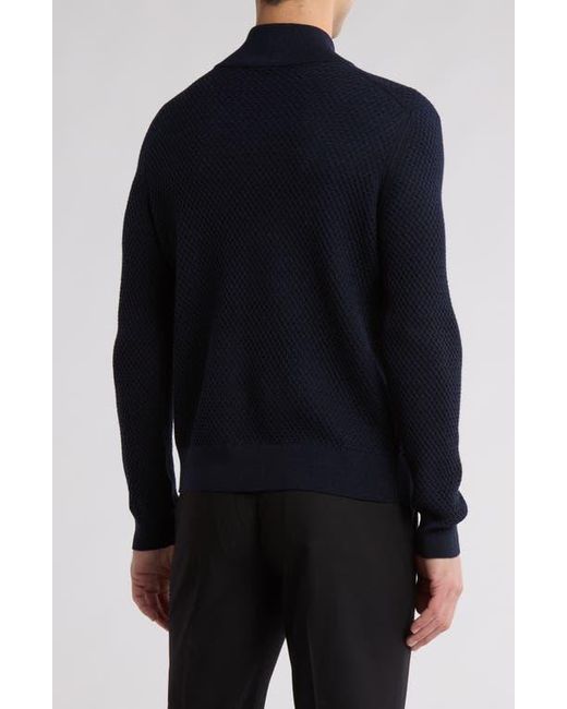 Bruno Magli Blue Textured Merino Wool Quarter Zip Pullover for men