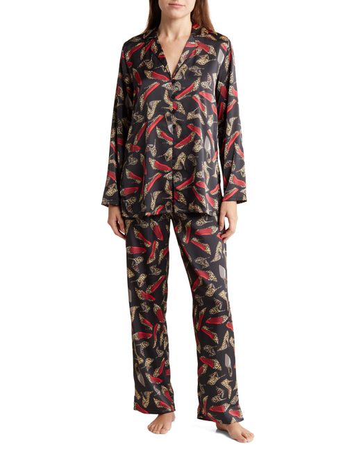Nicole Miller Multicolor Leopard Print Satin Long Sleeve Top & Pants Pajamas