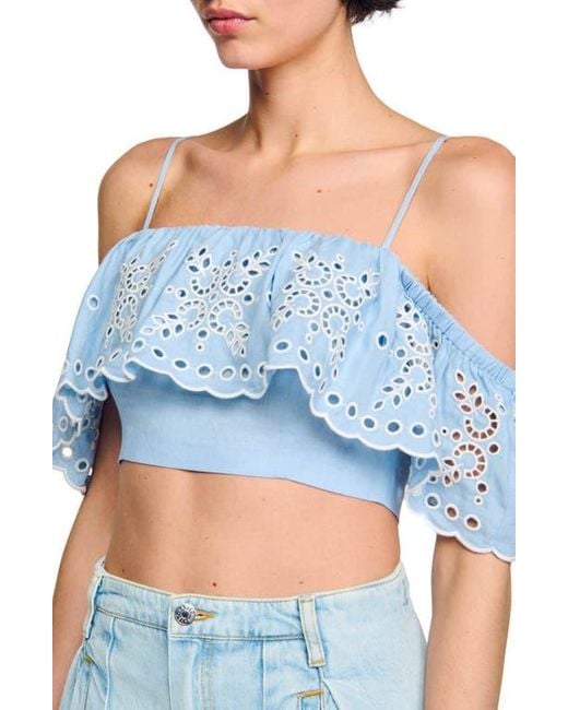 Sandro Blue Alon Ruffle Eyelet Cold Shoulder Crop Top