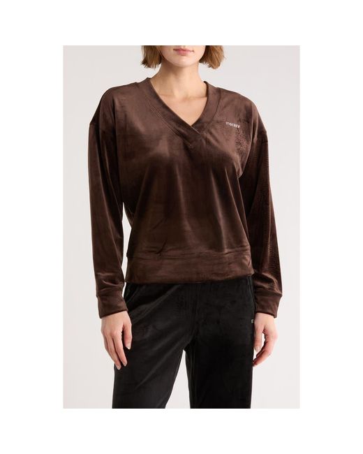 DKNY Black Mini Rhinestone Logo Velour Pullover