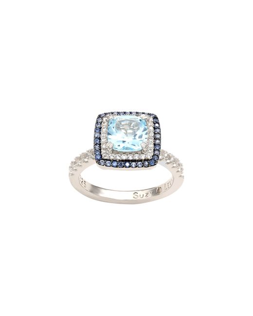 Suzy Levian Blue Cushion Cut Semiprecious Stone & White Topaz Double Halo Ring