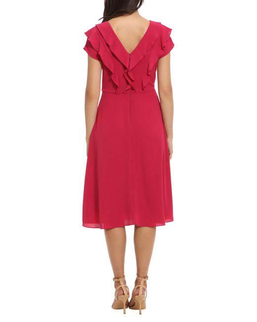 London Times Red Ruffle Fit & Flare Dress