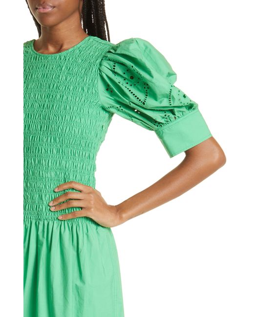 Ganni Green Eyelet Detail Puff Sleeve Organic Cotton Midi Dress