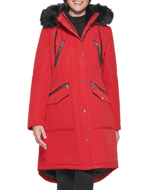 Guess Faux Fur Trim Hooded Parka In Red At Nordstrom Rack | Lyst