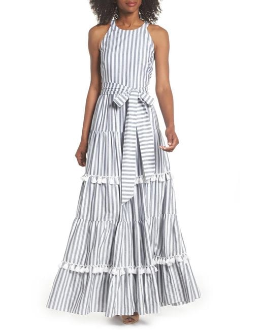 Eliza J White Tiered Tassel Fringe Cotton Maxi Dress (regular & Petite)