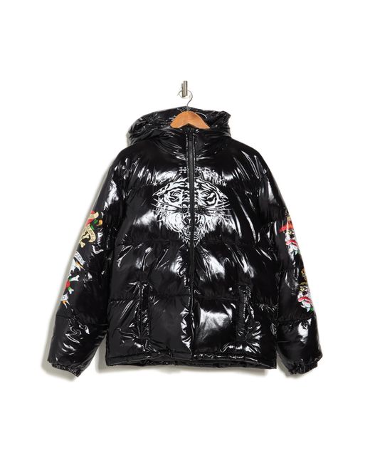 Ed Hardy Tiger And Skull Water Repellent Puffer Jacket in Black for Men |  Lyst