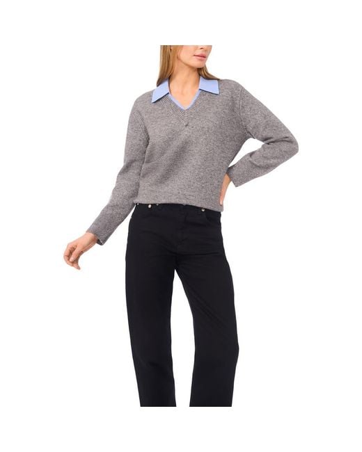 Halogen® Gray Contrast Collar Twofer Sweater