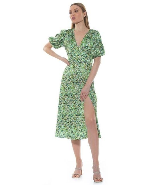 Alexia Admor Women's Green V-Neck Puff Sleeve Midi Dress Alexia Admor Women's Green V-Neck Puff Sleeve Midi Dress