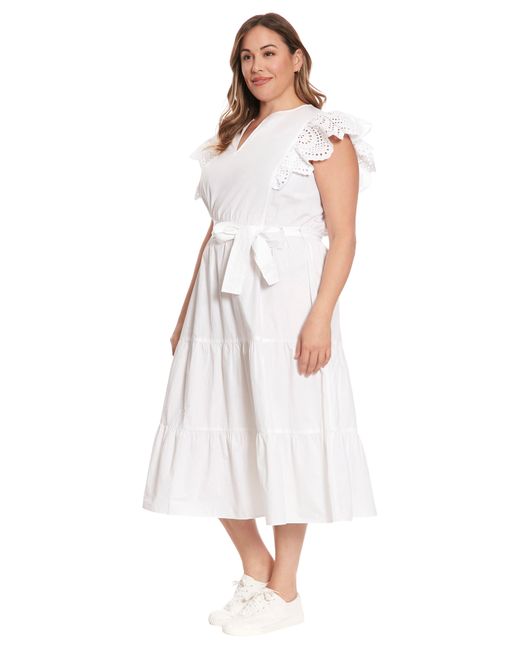 London Times White Eyelet Flutter Sleeve Tiered Cotton Dress