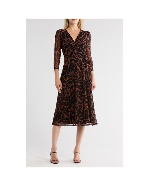 Connected Apparel Brown Long Sleeve Faux Wrap Mesh Midi Dress