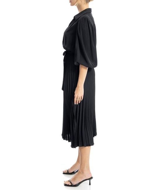 Max Studio Black Three-Quarter Sleeve Satin Midi Shirtdress