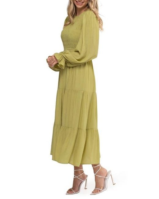 AUGUST SKY Yellow Smocked Long Sleeve Tiered Dress
