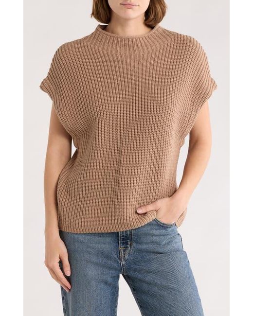 Leith Blue Mock Neck Cap Sleeve Cotton Blend Sweater