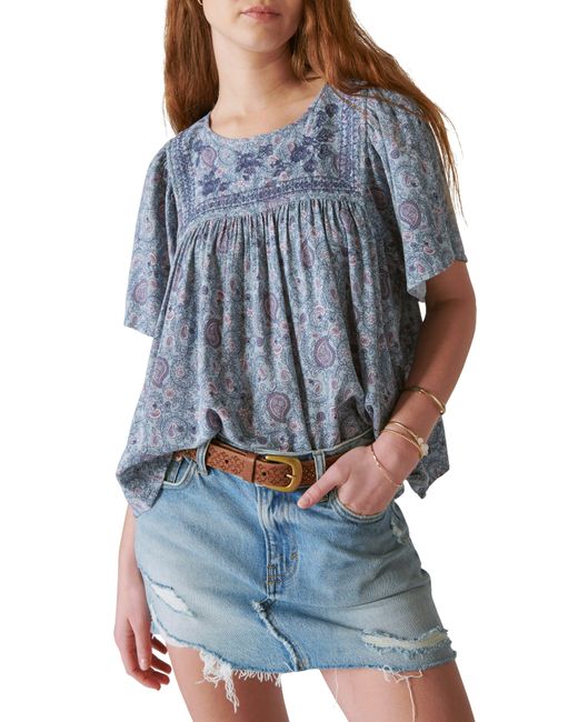 Lucky Brand Blue Embroidered Short Sleeve Top