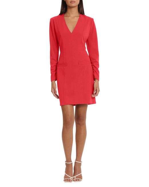 DONNA MORGAN FOR MAGGY V-neck Long Sleeve Sheath Minidress in Red | Lyst