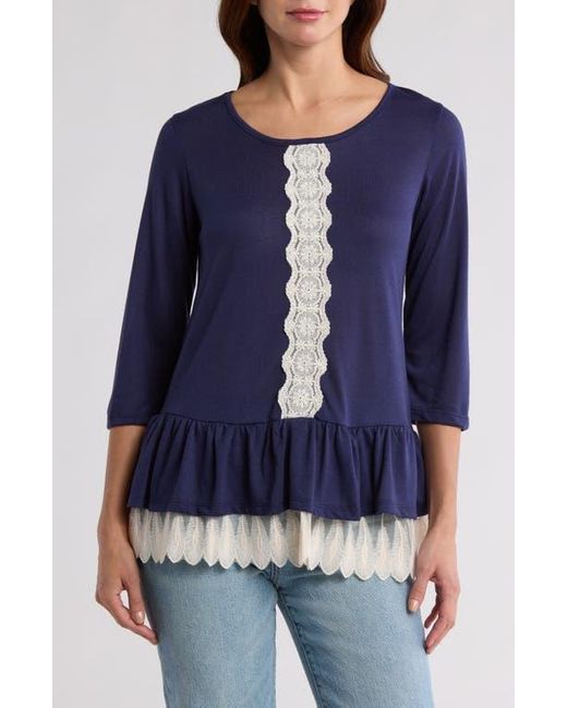 Forgotten Grace Blue Lace Trim Long Sleeve Peplum Top