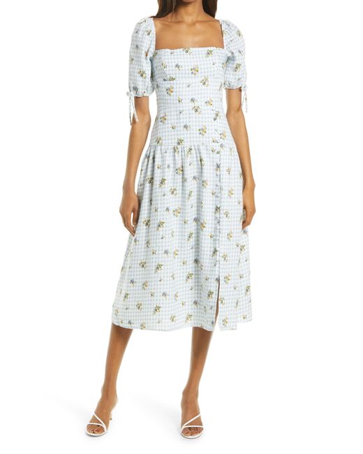 Reformation Melony Floral Gingham Square Neck Linen Midi Dress in White ...
