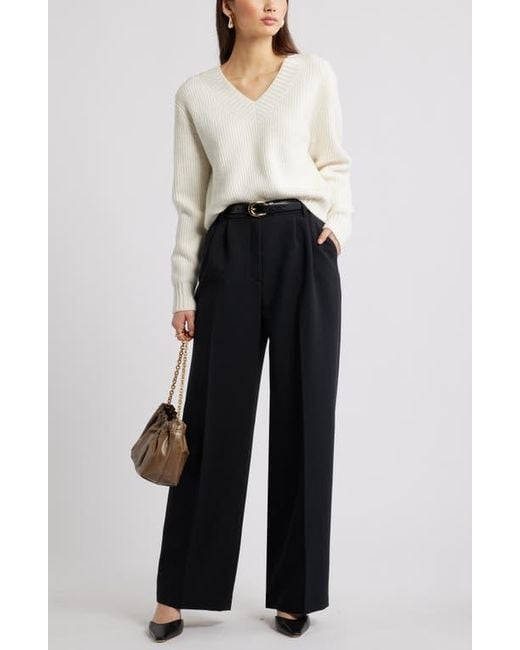 Open Edit White Rib V-Neck Sweater