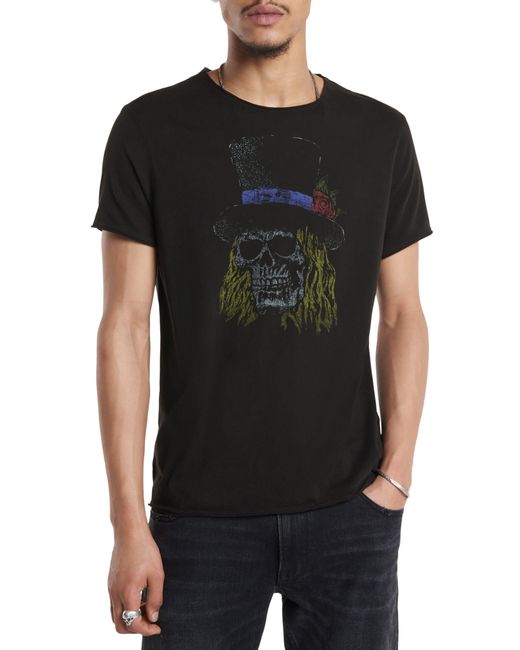 John Varvatos Black Raw Edge Skull Top Hat Graphic T-shirt for men