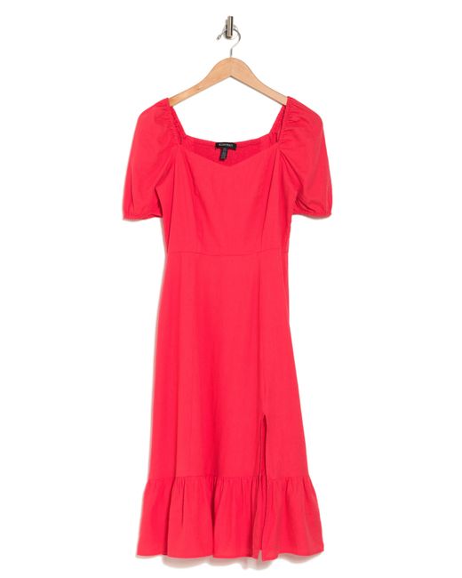 Ellen Tracy Red Puff Sleeve Linen Blend Midi Dress