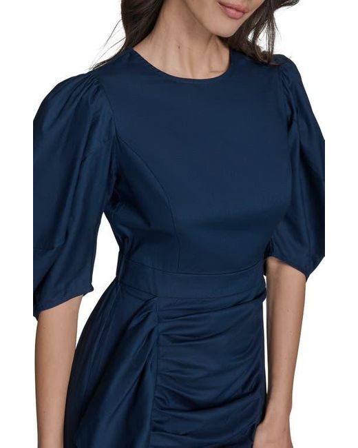 BCBGMAXAZRIA Blue Puff Sleeve Side Ruched Dress