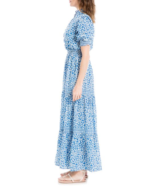Max Studio Blue Ruffle Collar Print Tiered Maxi Dress