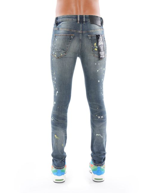 Cult Of Individuality Blue Punk Spattered Super Skinny Jeans for men