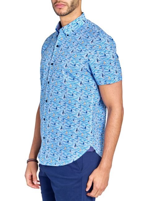 Con.struct Blue Slim Fit Boat Four-way Stretch Performance Short Sleeve Button-down Shirt for men